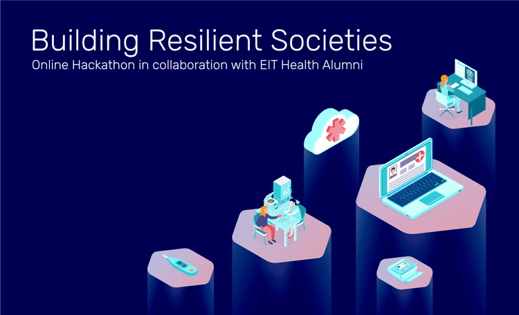 Illustration showing people and medical equipment on hexagonal columns