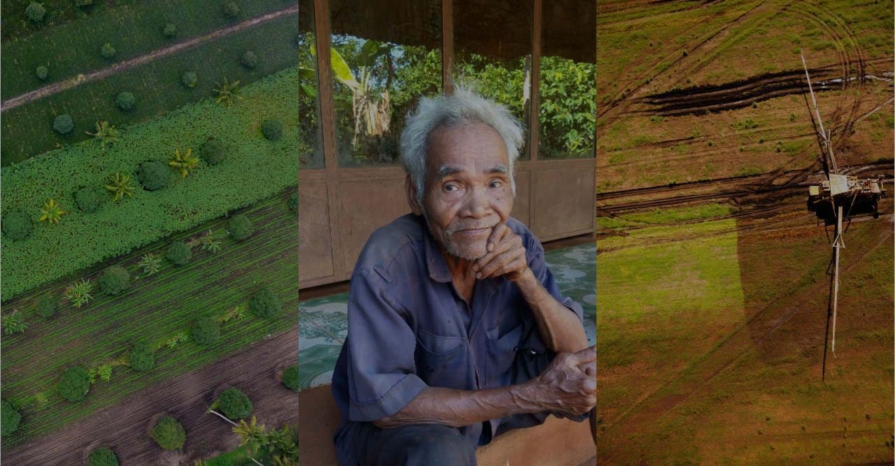 portrait of an old person between two agricultural arial shots