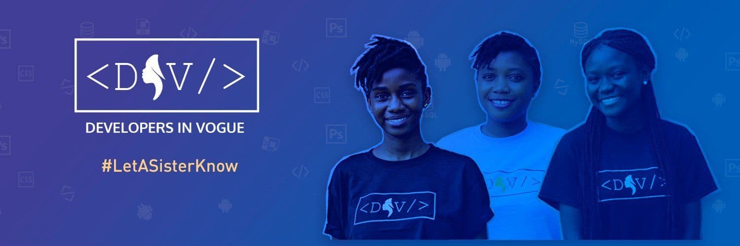 Developers in Vogue banner with their logo and women in company t-shirts