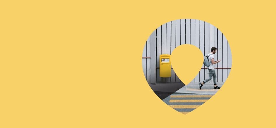 Safe & the City yellow banner with a man walking in the city 