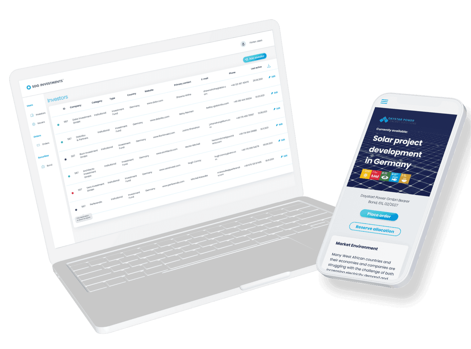 Graphic with laptop and phone showing the SDGi UI.