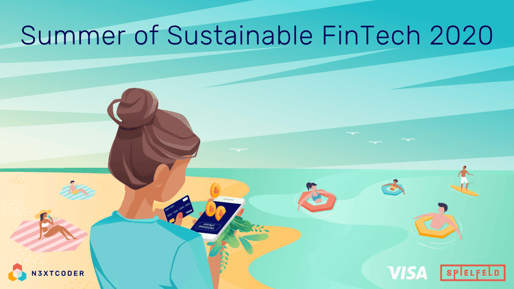 Auf dem Key Visual ist eine Frau zu sehen, die nach der innovativsten FinTech-Lösung sucht. Der Strand im Hintergrund steht für den Sommer der nachhaltigen FinTech-Meetups, die per Fernzugriff auf der Nextcoder-Website abgehalten werden. So können Sie im Grunde von überall aus teilnehmen, wo Sie eine Internetverbindung haben.