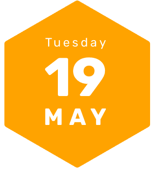 Yellow hexagon with text: Tuesday 19 May